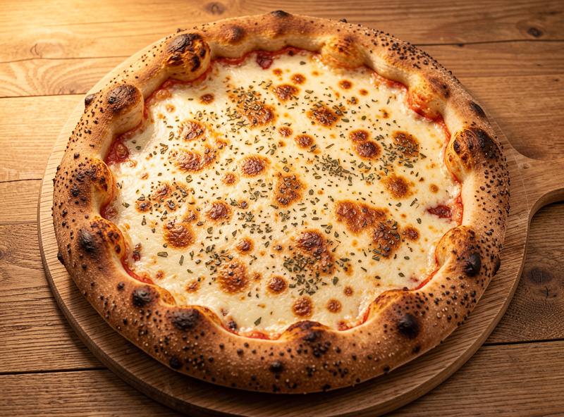 A rustic pizza made with a stone-ground flour blend showing a darker speckled crust