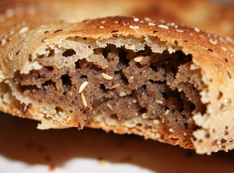 Close-up of a torn stone-ground blend pizza crust showing a darker, speckled, rustic crumb