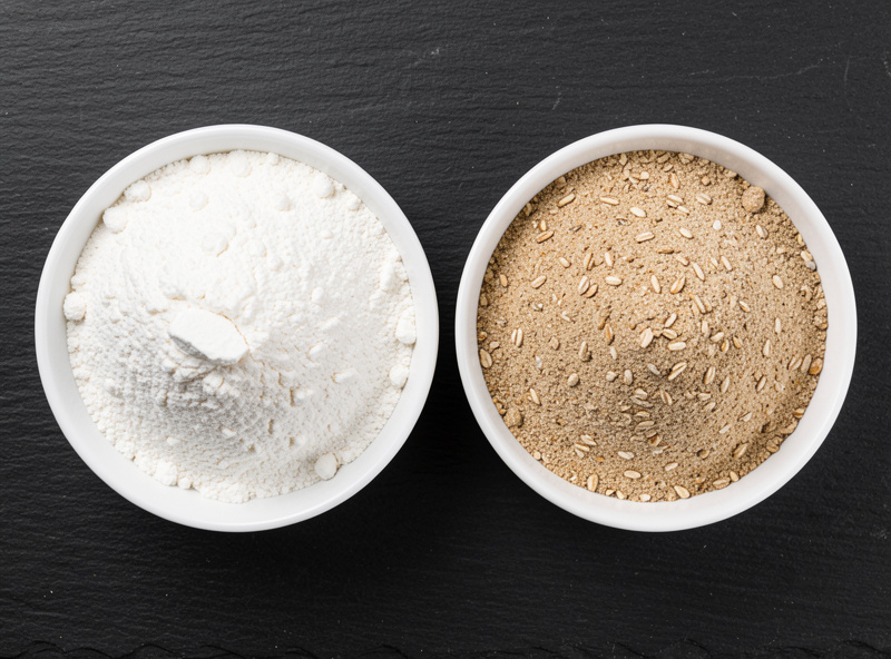 Whole wheat flour showing visible bran flecks beside white pizza flour in two bowls
