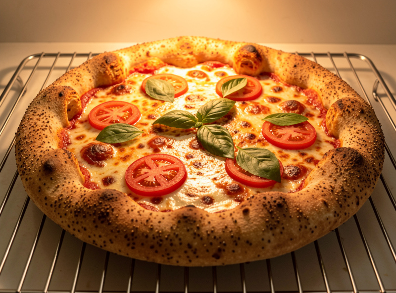 Baked whole wheat blend pizza with a golden brown speckled crust and open rim