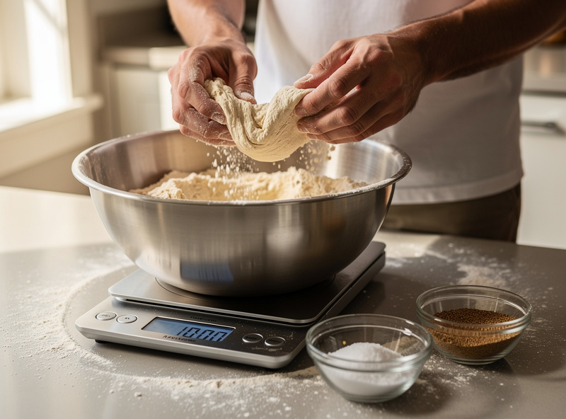 Mixing pizza dough ingredients in a metal bowl with a digital scale and small bowls of salt and yeast on a kitchen counter