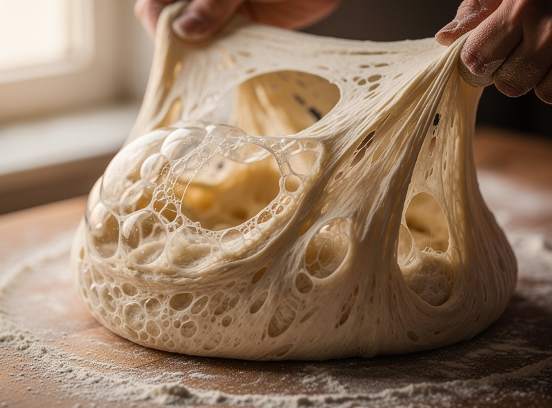 A well-fermented pizza dough ball being gently stretched showing bubbly airy structure underneath
