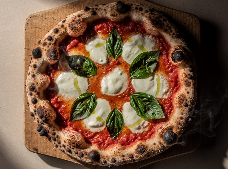 A finished Neapolitan pizza with leoparded charred spots on a puffy crust, fresh from a hot oven on a wooden peel