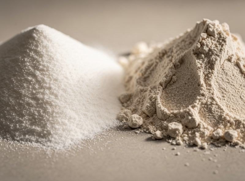 Close-up macro of two piles of flour side by side showing a fine soft texture versus a coarser texture