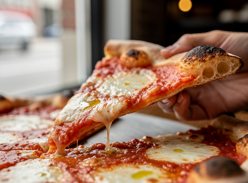 A chewy New York style pizza crust held up showing a foldable structured slice, golden brown