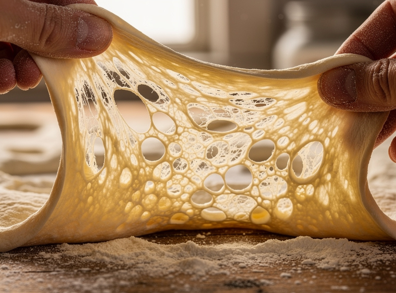 A well-developed pizza dough stretched into a thin translucent gluten window between two hands over a floured surface