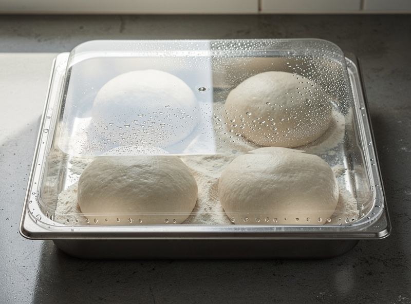 Proofed pizza dough balls resting in a covered stainless steel dough tray on a cold kitchen counter