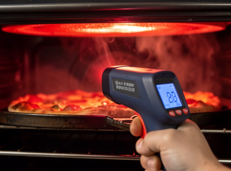 An infrared thermometer gun reading the surface temperature of a hot pizza steel inside a home oven