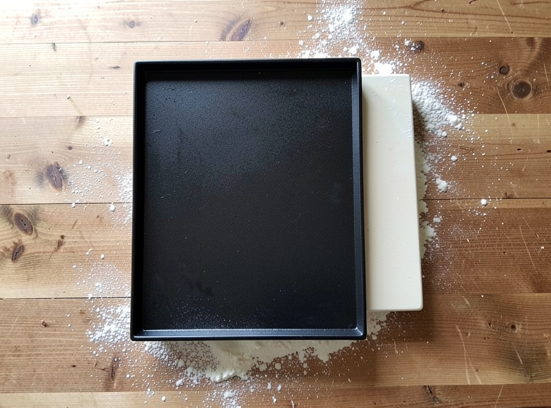 A thick steel plate and a ceramic baking stone stacked on a wooden kitchen table dusted with flour
