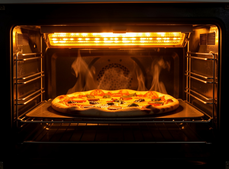 A home oven with the broiler element glowing orange above a pizza on a steel showing oven spring