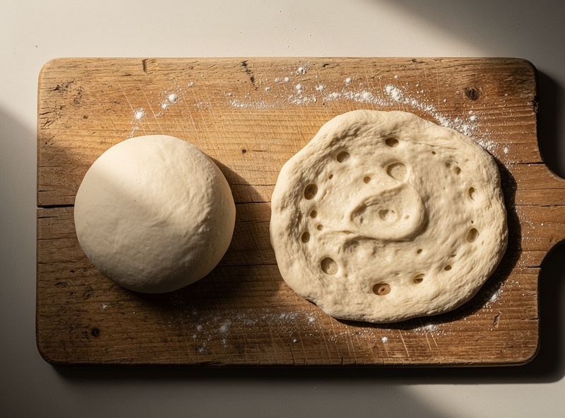 Two pizza doughs side by side on a wooden board, one stiff and tight and one slack and spreading, showing the difference in hydration