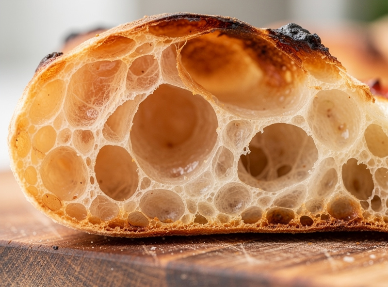 Cross-section of a baked pizza crust showing an open airy crumb structure with large irregular holes