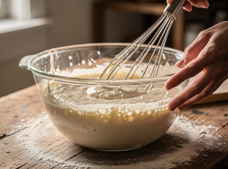 Mixing flour and water into a loose batter-like poolish in a clear bowl