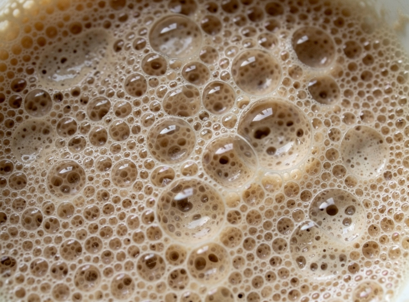 A bubbly fully fermented poolish viewed from above showing a web of bubbles across the surface