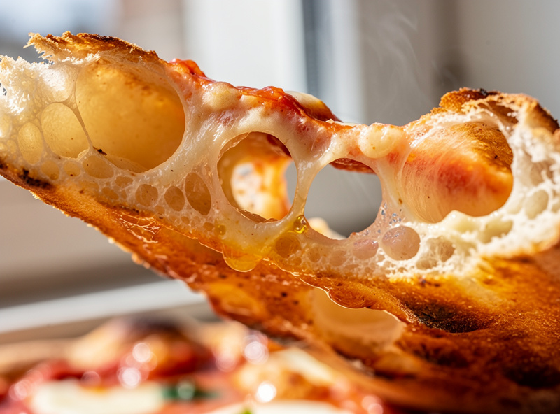 An open tender pizza crumb with large glossy holes on a finished pizza slice