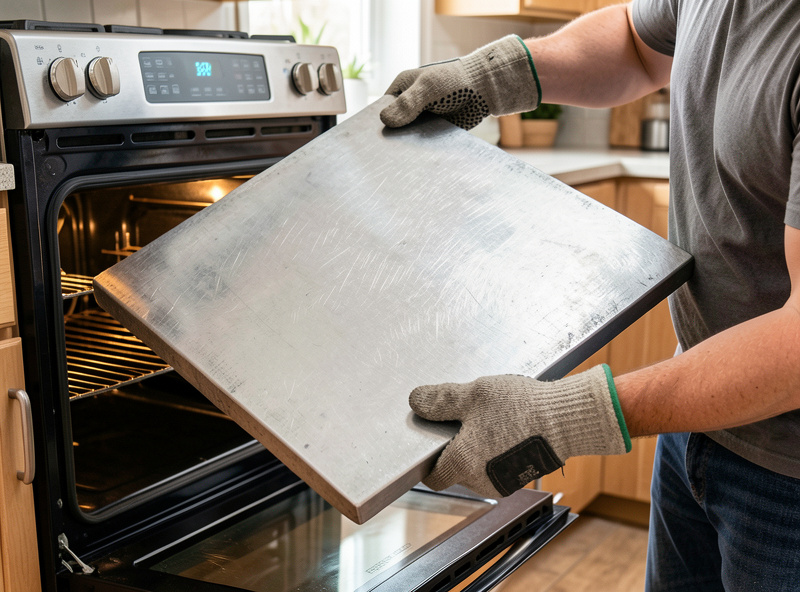 A person lifting a heavy thick steel plate out of a home oven with oven mitts