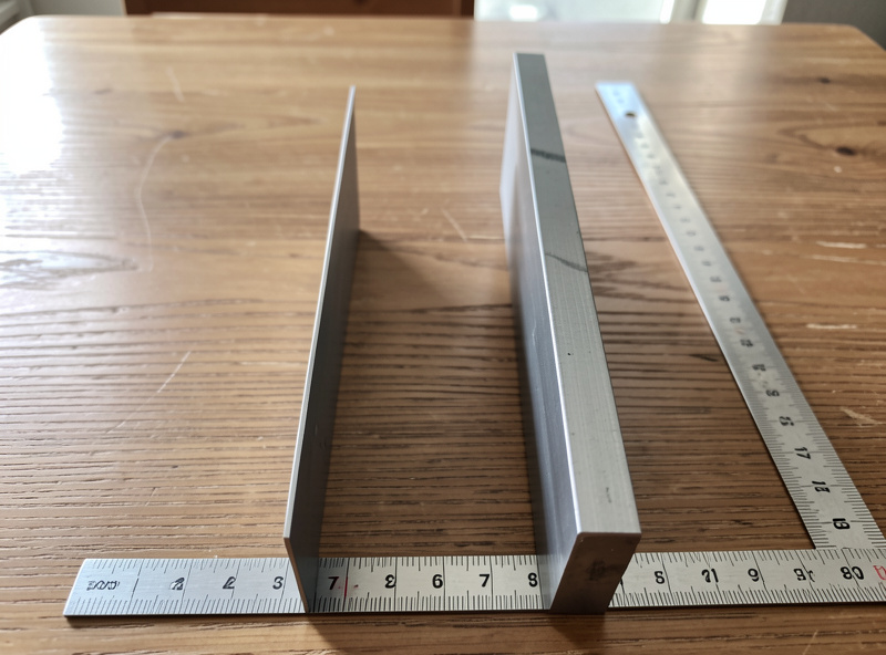 A thin 4mm steel and a thick 8mm steel plate standing on edge beside a ruler
