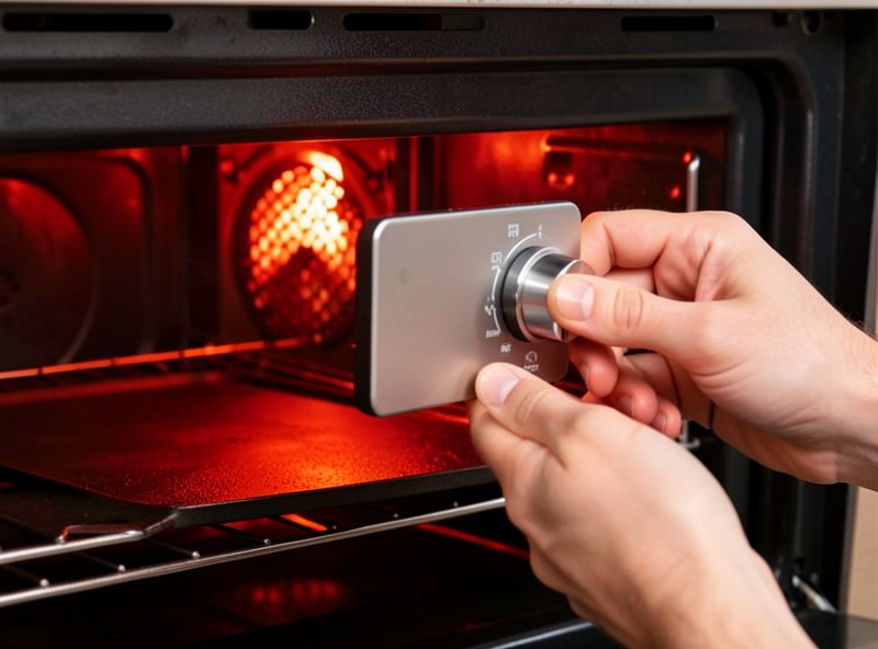 A hand turning an oven dial to broil with the red broiler element glowing above a pizza steel