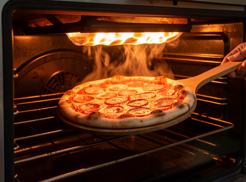 A raw pizza launched onto a hot steel near the top of a home oven under a glowing broiler