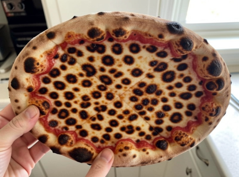 The underside of a home-oven pizza showing crisp leopard-spotted char on the base