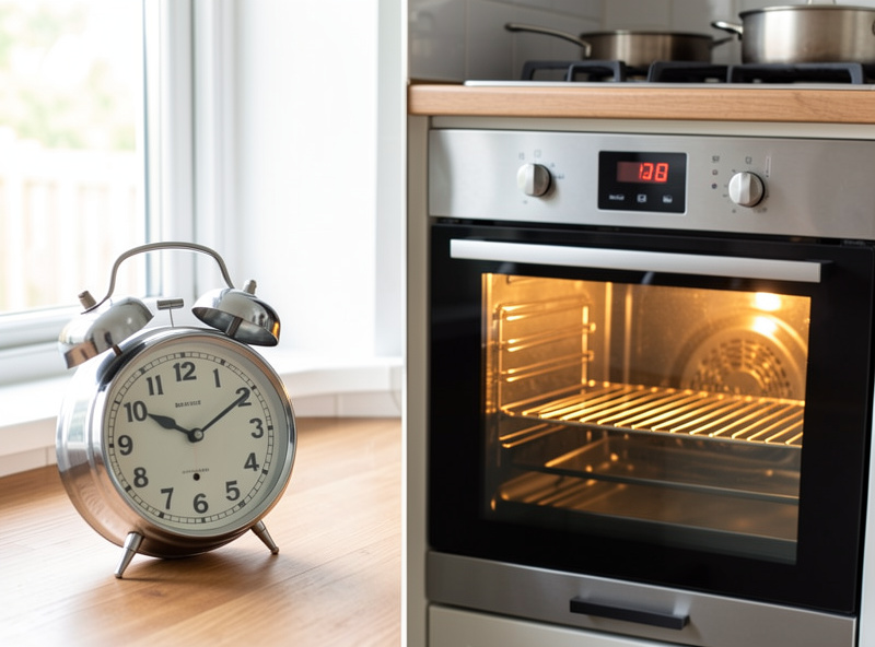 A kitchen timer beside an oven with a steel heating inside