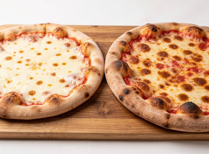 Two pizzas side by side, one with a pale base and one with a crisp browned base