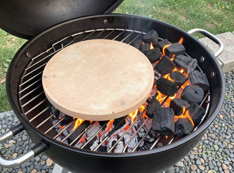 A pizza stone resting on the grates of a kettle charcoal grill with coals banked to one side