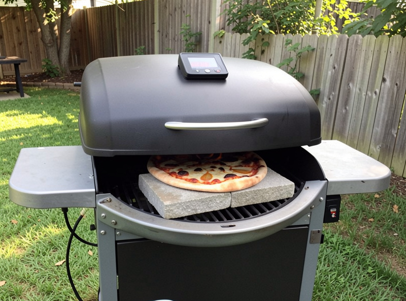 Closing the lid of a gas grill with a pizza on a stone inside and a lid thermometer reading high