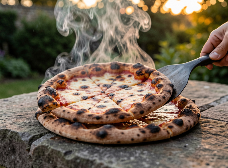 A finished grilled pizza with charred crust being lifted off a stone with a turning peel