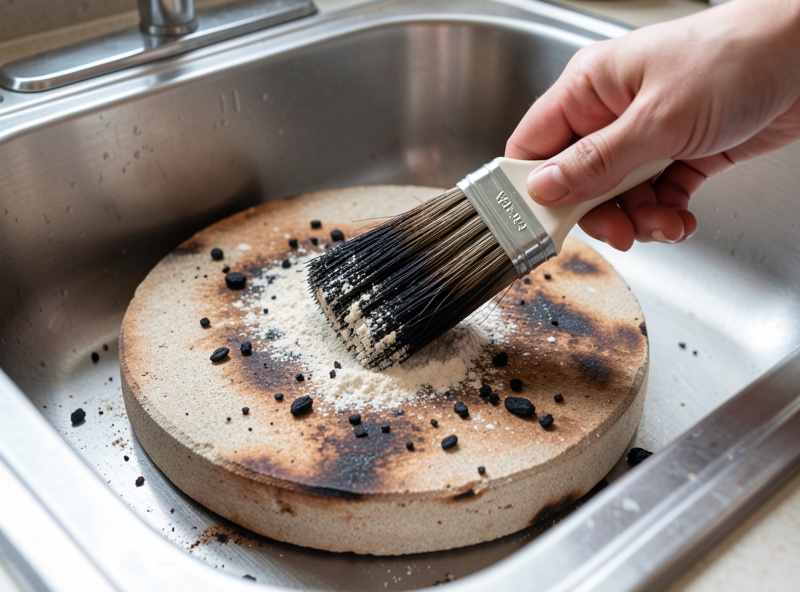 A hand brushing burnt flour and char off a cooled pizza stone with a stiff dry brush
