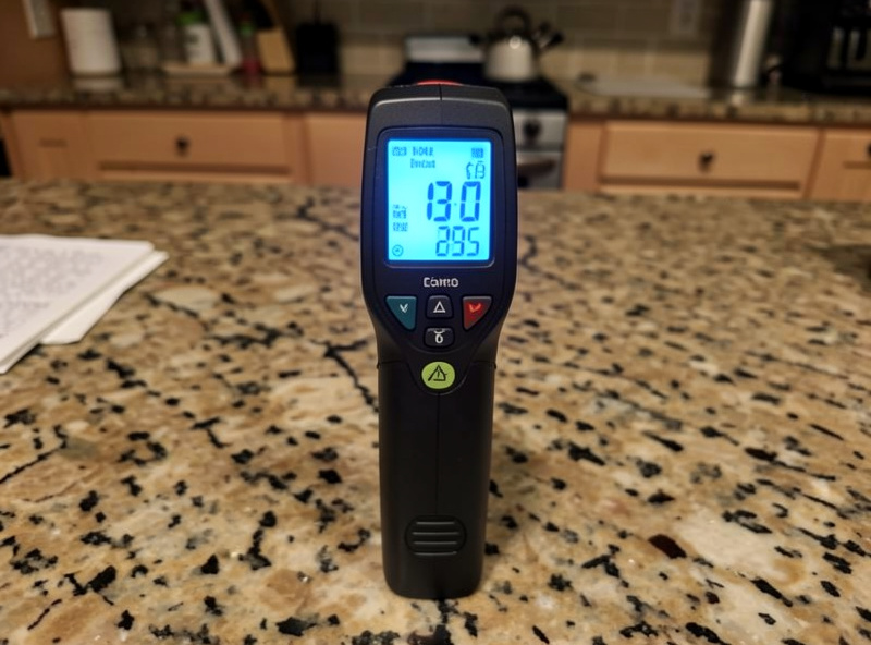 An infrared thermometer reading a surface temperature far above the oven dial setting