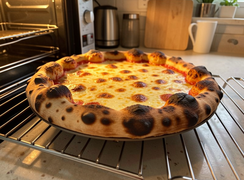 A beautifully baked pizza with a charred puffy crust resting on a cooling rack