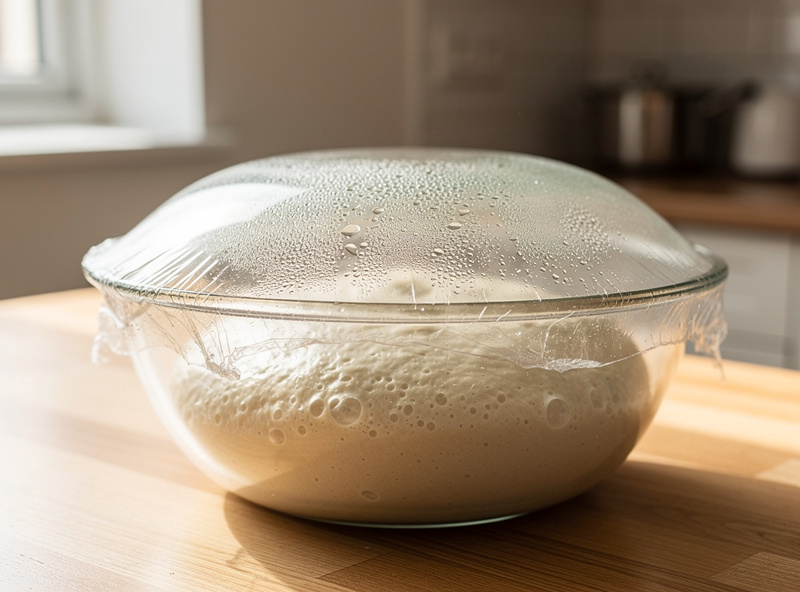 A same-day pizza dough rising at warm room temperature in a covered bowl on a counter