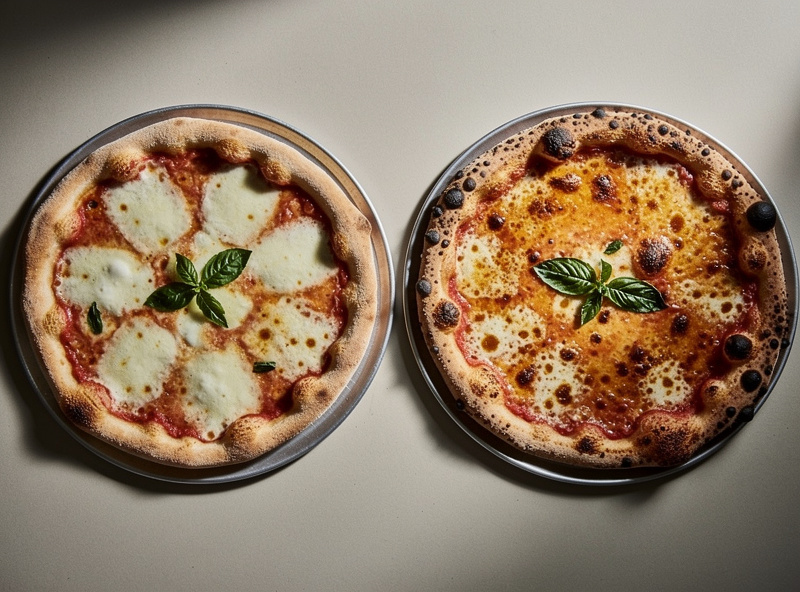 Two baked pizzas side by side showing a paler less-blistered crust versus a more browned blistered crust