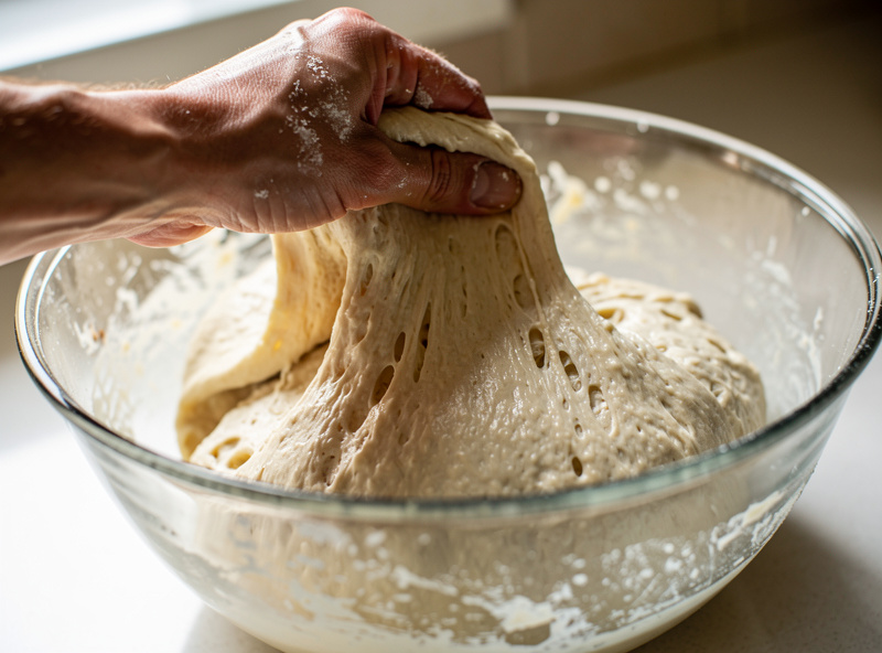 Performing a stretch and fold on wet pizza dough in a bowl with a wet hand
