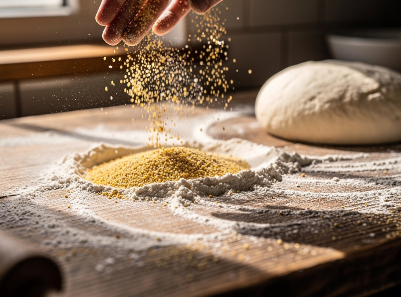Dusting flour and semolina onto a wooden work surface before shaping pizza dough