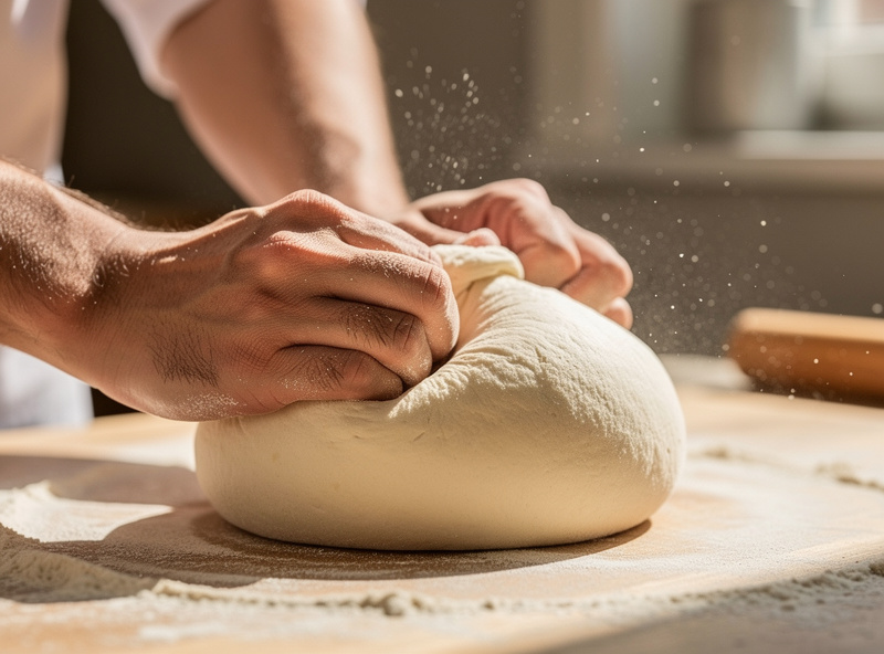 Shaping a tight smooth pizza dough ball by tucking it under itself on a counter, hands working the dough