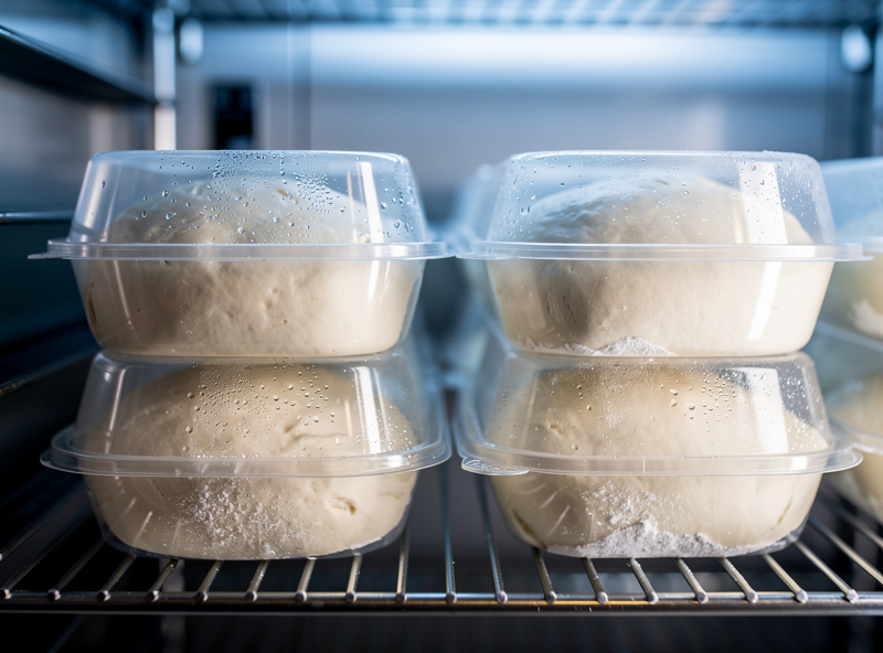 Pizza dough balls in individual sealed containers stacked in a refrigerator