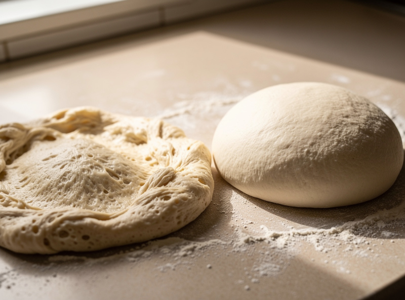 An over-proofed flat pizza dough ball that has spread and lost its shape next to a healthy domed one