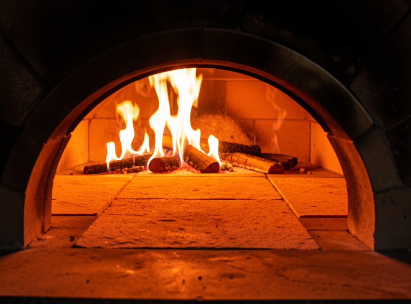 Empty glowing pizza oven deck with flame turned high, recovering heat between bakes