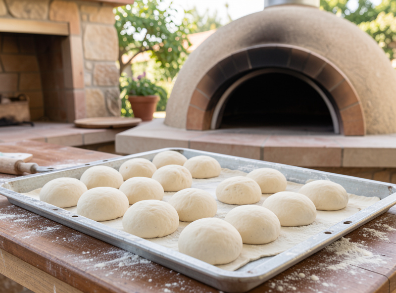 A tray of round pizza dough balls resting beside an outdoor pizza oven