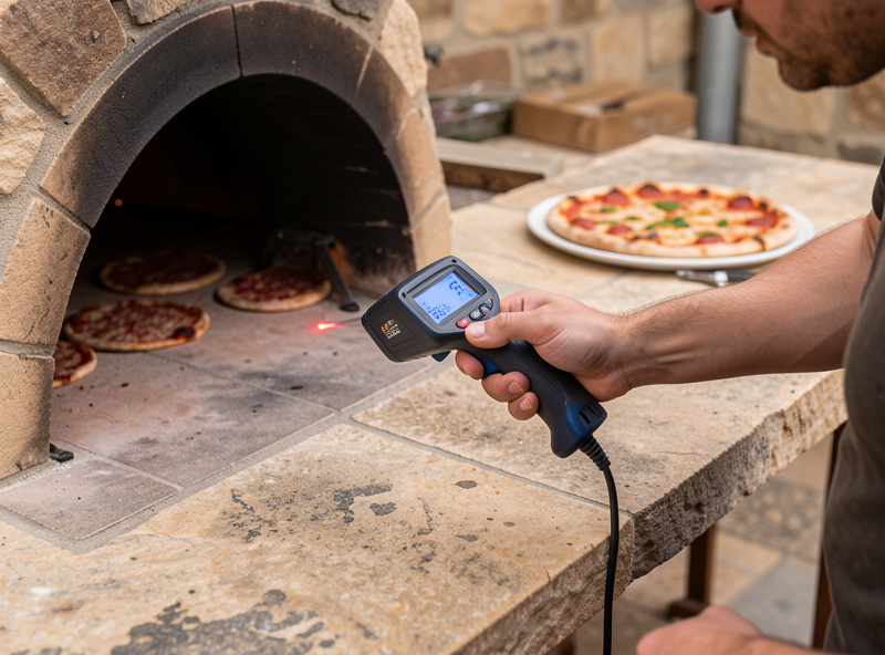 Checking the recovered pizza oven deck with an infrared thermometer between bakes