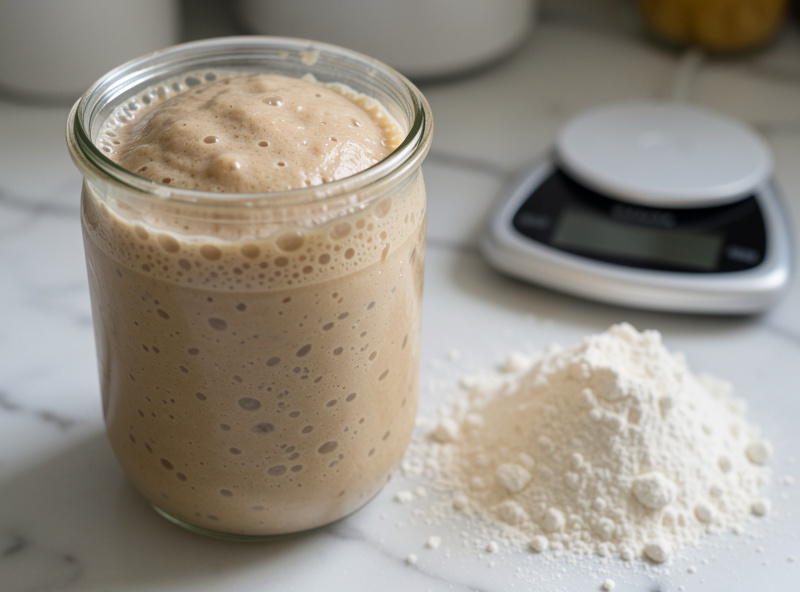 Active bubbly sourdough starter in a glass jar beside flour and a digital scale