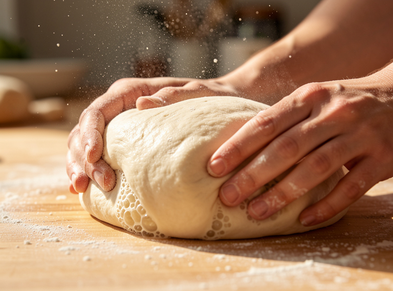 Hands stretching a soft high-hydration pizza dough ball on a floured bench