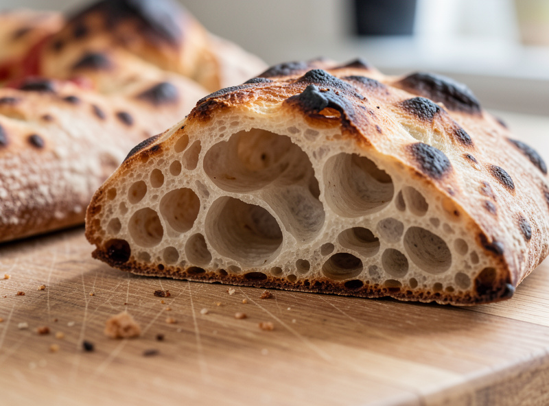 Cross-section of a baked sourdough pizza crust showing open airy crumb and charred leopard spots