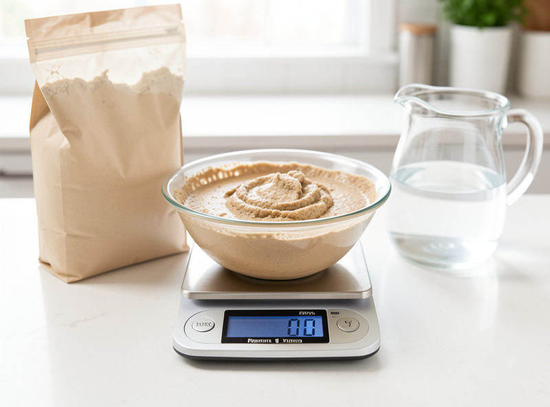 Bowl of sourdough starter being weighed on a digital kitchen scale