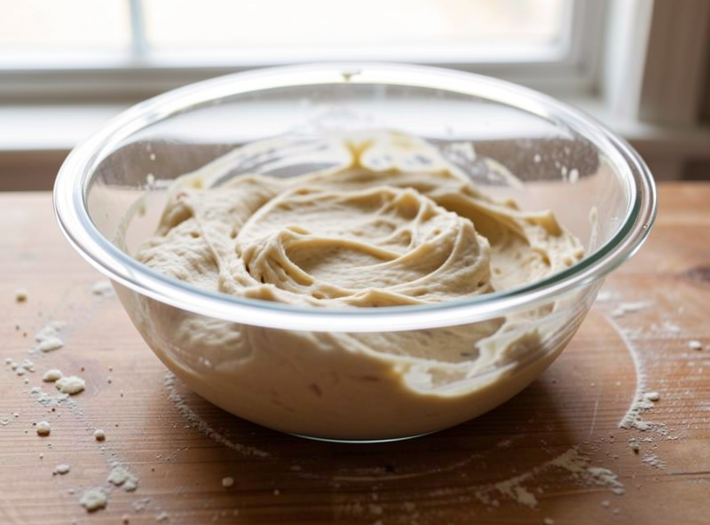Shaggy just-mixed pizza dough resting in a covered glass bowl