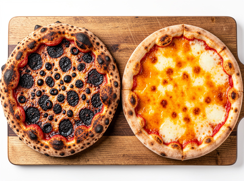 A charred leopard-spotted Neapolitan pizza beside a golden New York style pizza