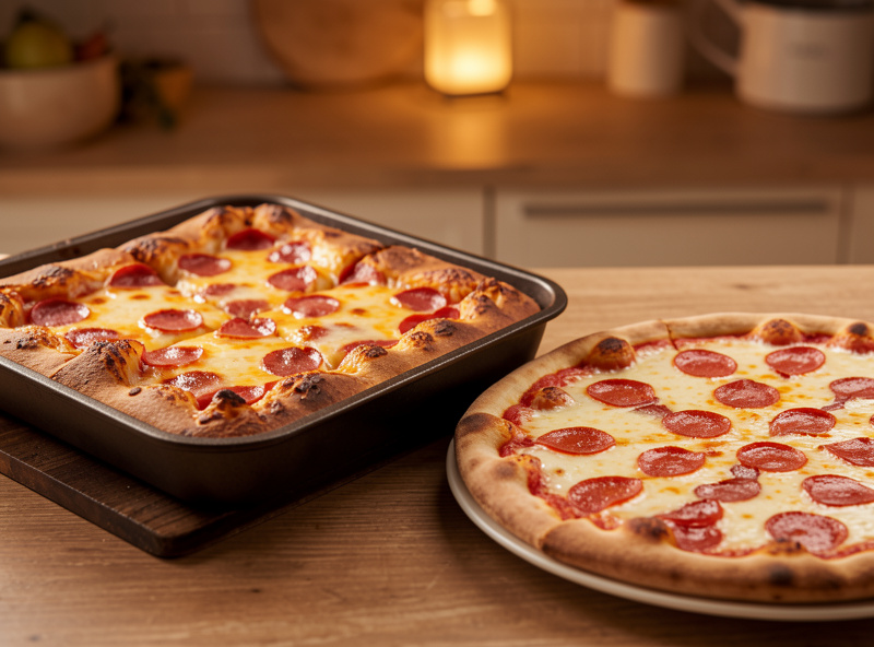 A thick Detroit style pan pizza beside a thin crust round pizza