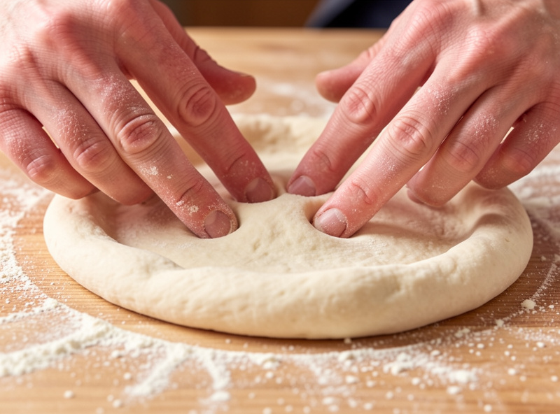 Fingertips pressing gas from the center of a Neapolitan pizza dough disc toward an untouched raised rim on a semolina-floured bench